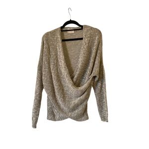 Gray Knit Sweater Small V-Neck Plunging Wrap Soft Fall Winter Acrylic Polyester